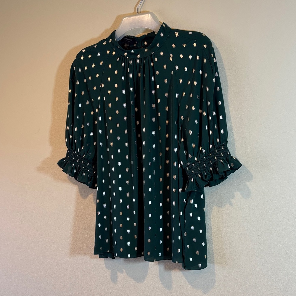 Ted Baker Green Printed Ruffle Sleeve Blouse